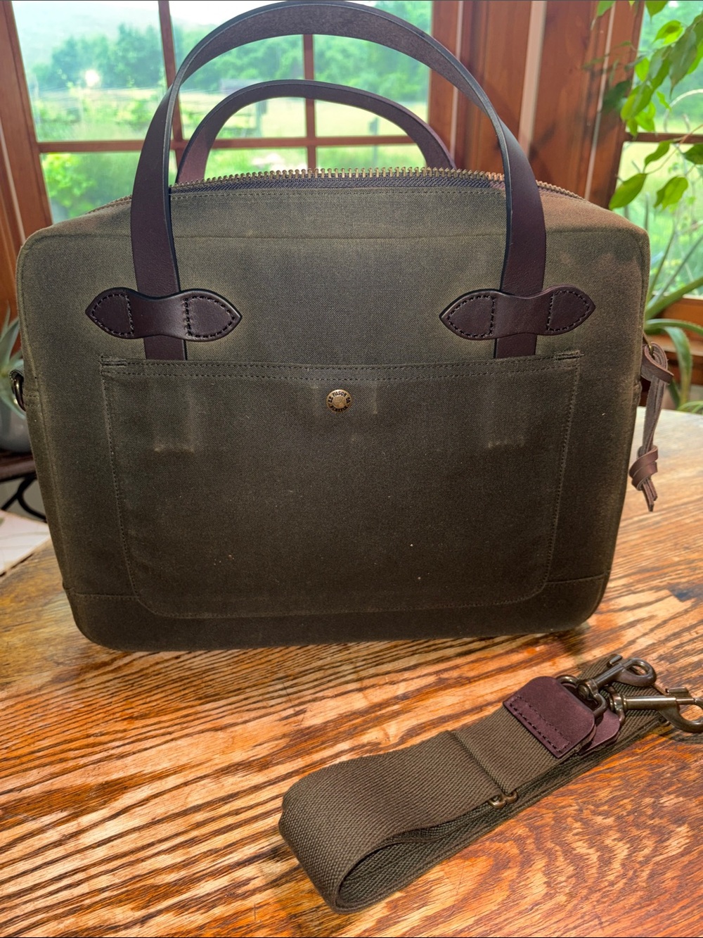 Like new Filson Tincloth Compact Briefcase with Dark Brown Leather